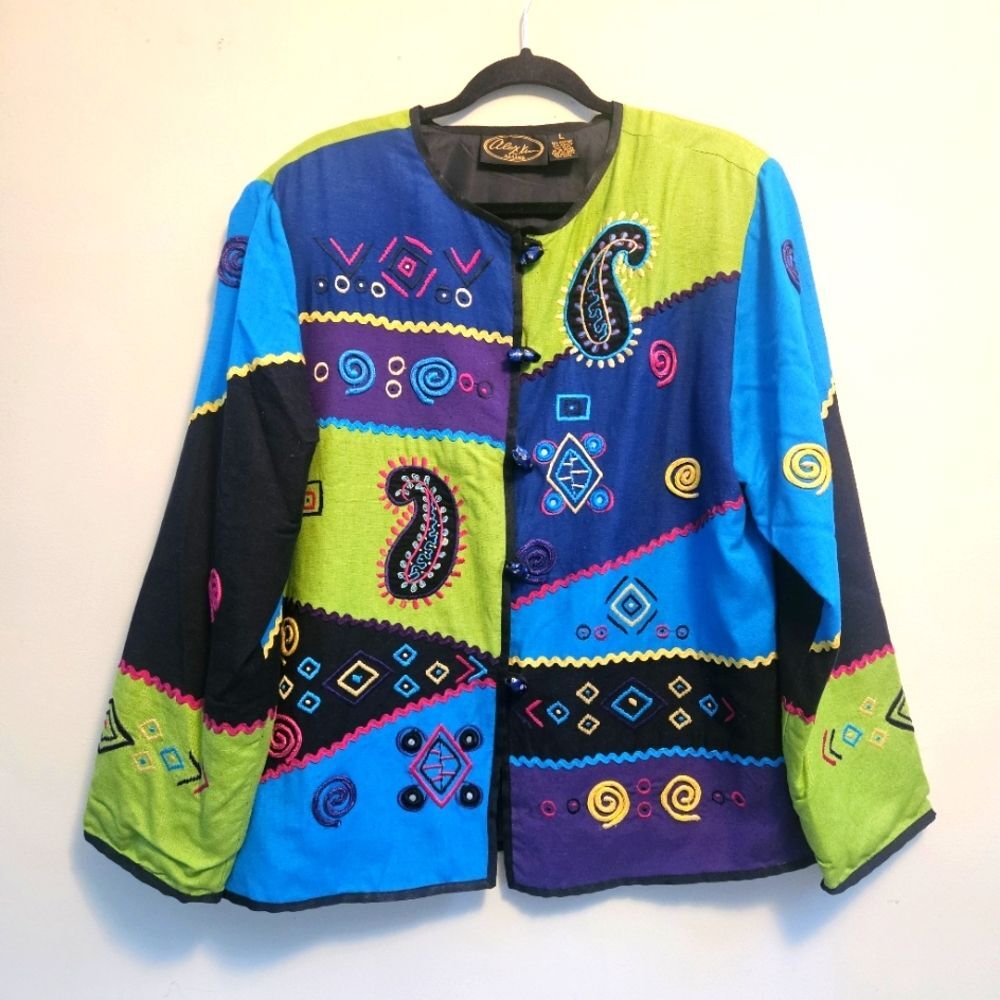 Alex Kim Allure Colorful Women's Jacket Sz L Paisley Design Green Blue Vintage